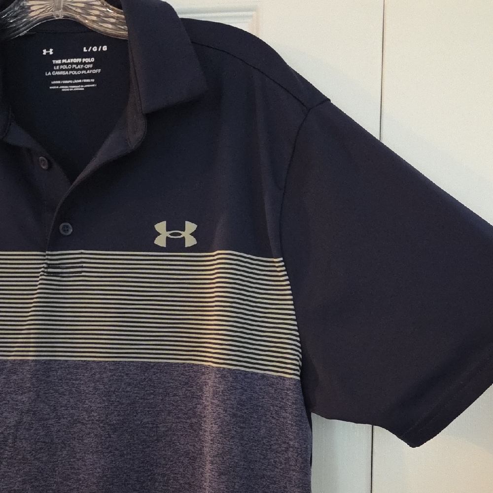 Under Armour Men's Striped Navy Blue and Gray Polo - Picture 7 of 7